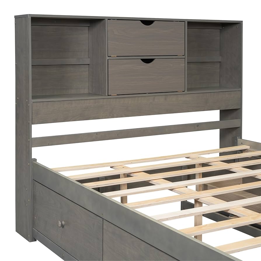 荻。ページ Queen Size Wood Platform Bed Frame with Storage Bookcase